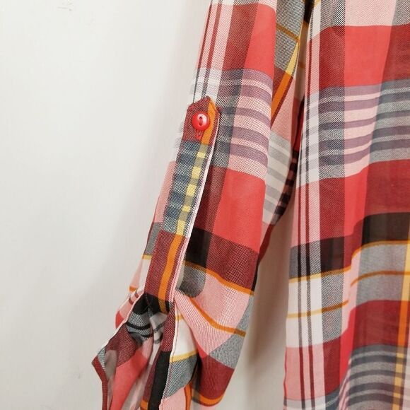 Tartan Plaid Sheer High Low Western Inspired Button Up Shirt - Picture 3 of 7